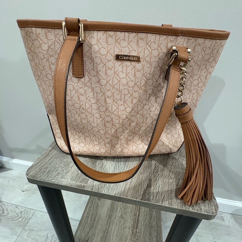 Calvin Klein Beige and Brown Tote with Tassel
